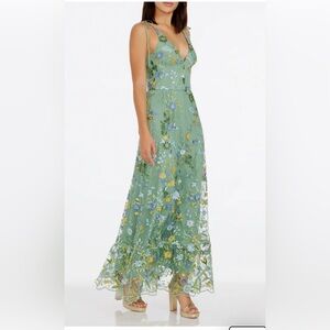 Dress the Population Sunny Embroidered Floral A Line Gown - sage